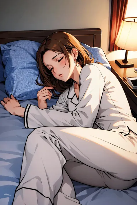 anime - style image of a woman in pajamas laying on a bed