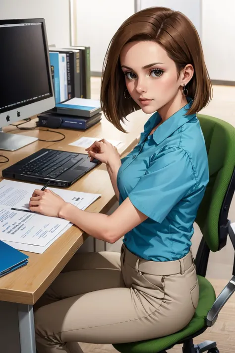 there is a woman sitting at a desk with a computer and papers