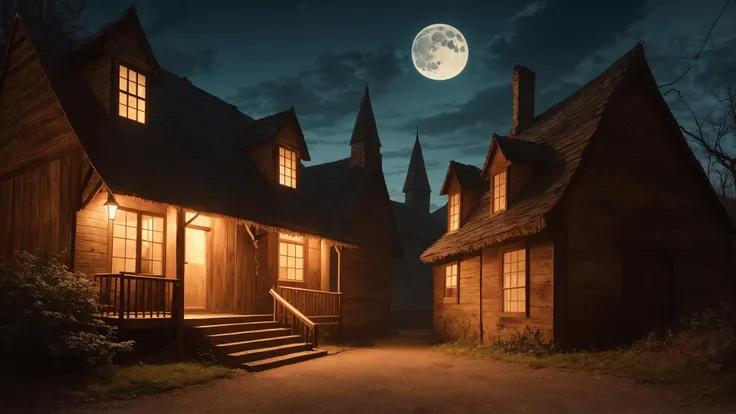 A nightmarish village cursed by a vengeful witch, where the moon shines eternally crimson. BREAK realistic:1.2, masterpeice, ultradetailed, intricate details, perfect quality, ultrashapr, ultradetailed, photorealistic, perfect shadows, profesional lights, ...