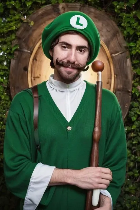 arafed man in green outfit holding a wooden stick and a green hat