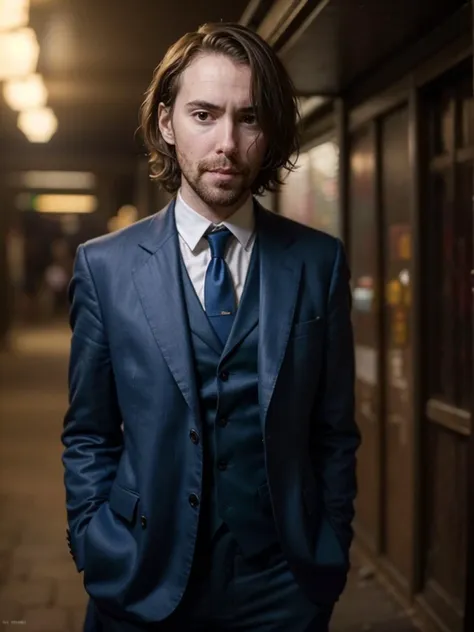 arafed man in a suit and tie standing in a hallway