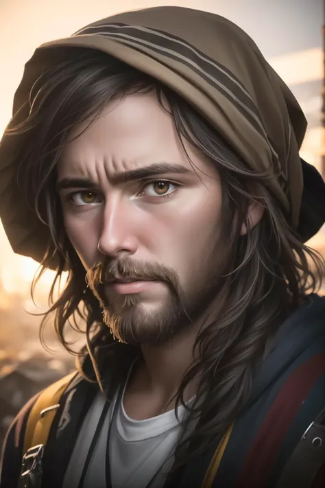 a digital painting of a man with long hair and a hat