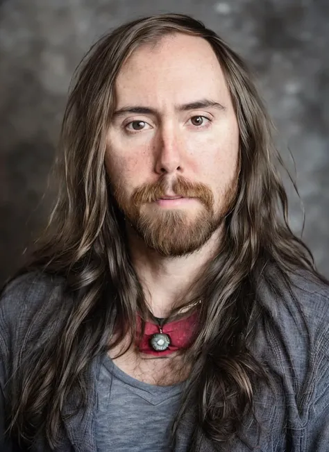 a close up of a man with long hair and a beard