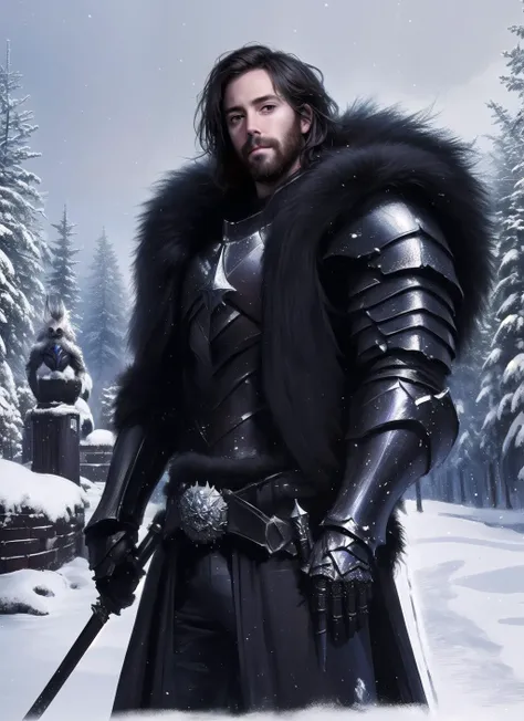 a man in armor standing in the snow with a sword