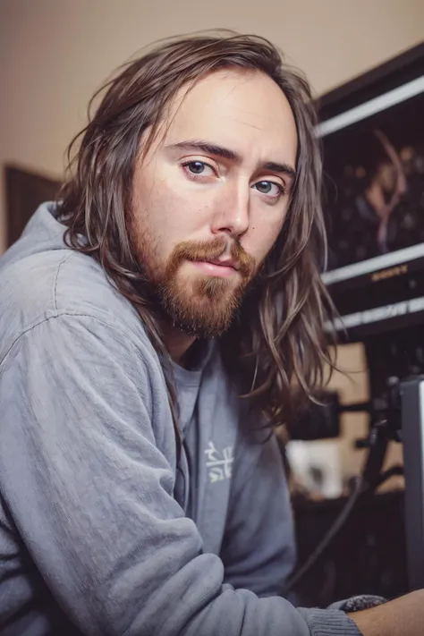 arafed man with long hair and beard sitting in front of a computer