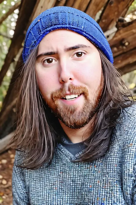 arafed man with long hair and a blue hat posing for a picture