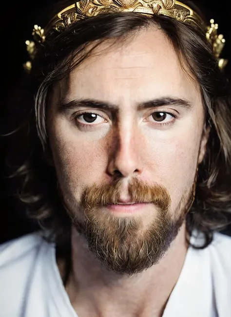 a close up of a man with a beard wearing a crown