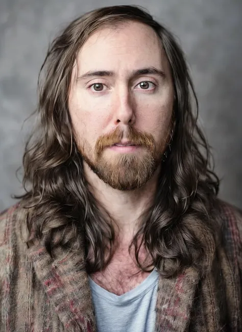 arafed man with long hair and beard wearing a jacket