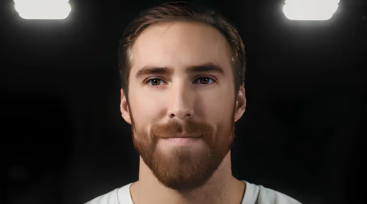 a close up of a man with a beard and a white shirt