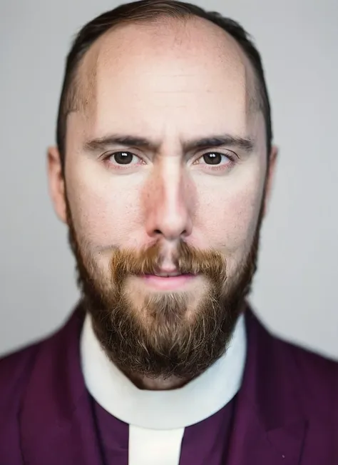 a close up of a man with a beard wearing a purple shirt