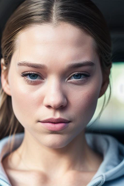 RAW photo, (leaseydoux_ti_v3-4100:0.98), upper body, selfie in a car, blue hoodie, (1girl), (realistic), (photo-realistic:1.5), inside a car, driving, lipstick, necklace, (RAW photo, 8k uhd, film grain), Sharp Eyeliner, Blush Eyeshadow With Thick Eyelashes...