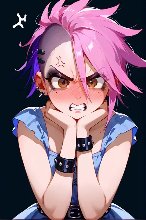 anime girl with pink hair and piercings sitting on a chair