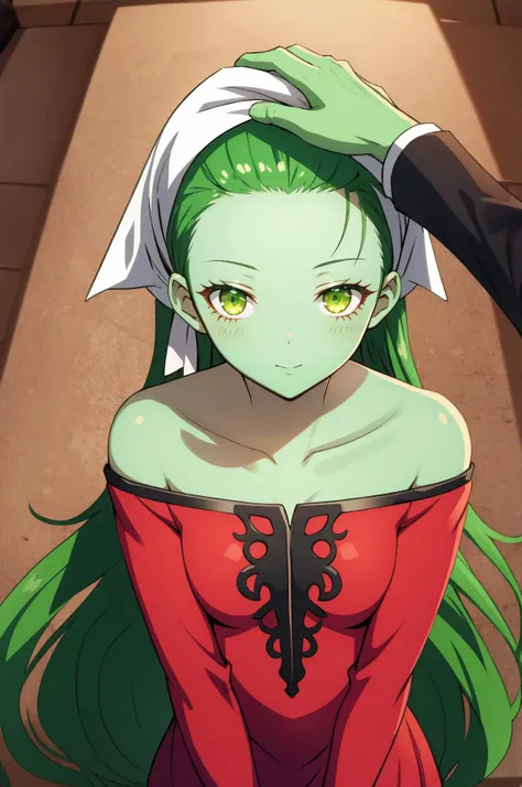 (masterpiece, best quality), standing, looking at viewer, <lora:zs_Silky:.8>, silkysmt, red dress, bare shoulders, colored skin, green skin, very long hair, green hair, head scarf, <lora:HeadpatPOVV2:1>, IncrsHeadpatPOV, headpat, pov