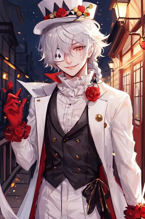 waist-up, pose, adult male, ruffled collar, smirk, eyepatch, white hair, 1boy, male focus, solo, single braid, hair between eyes, white top hat, red gloves, night, full moon, roses, thorns, courtyard, depth of field, <lora:Nikolai_Gogol:0.7>