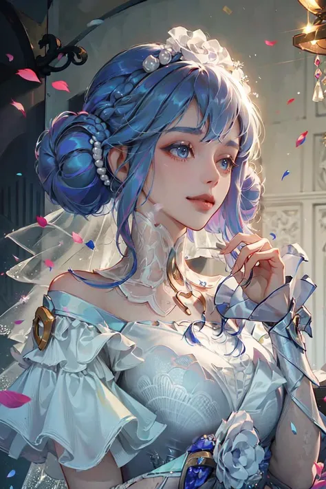 masterpiece, female , <lora:crystal_rose_sona:1>crystal rose sona,wedding dress, double bun, dress, blue hair