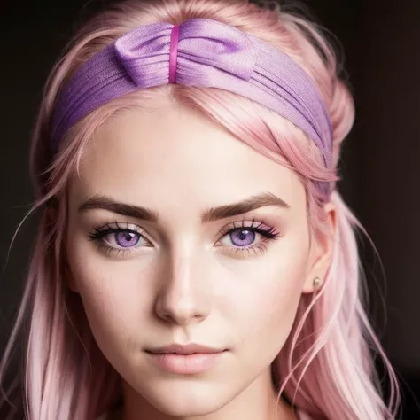 close-up, raw,beautiful woman face, pink hair, purple eyes, cute, headband,