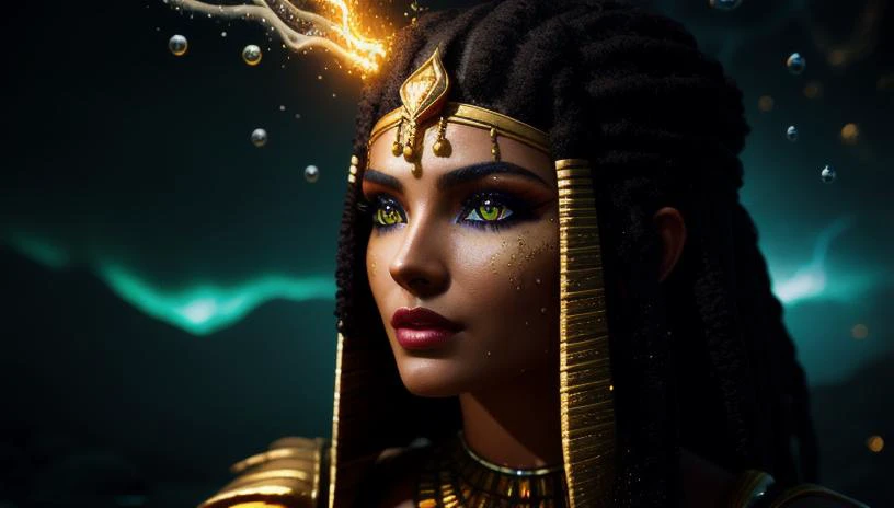 (female egyptian warrior), black and gold haired, ((yellow glowing eyes)), ((Photorealistic)) extreme close-up, bioluminescent, realism, high detail, octane render, 8k, (((Chaotic storm of intricate colorful liquid flowing from body))), full - length abs...