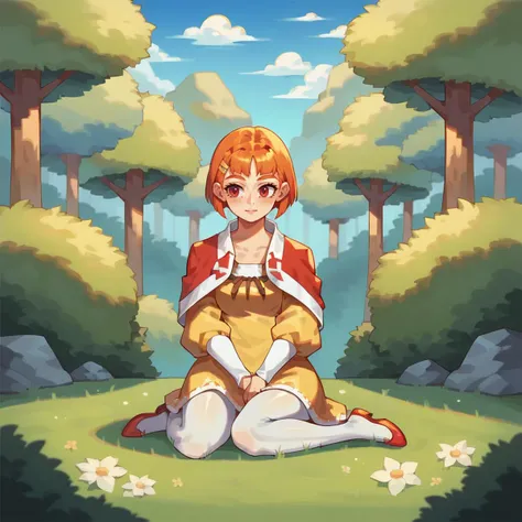 anime girl sitting on the ground in a forest with trees