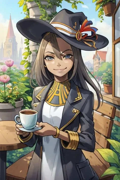 a woman in a hat holding a cup of coffee