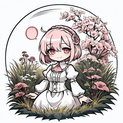 a cartoon girl in a white dress standing in a field of flowers