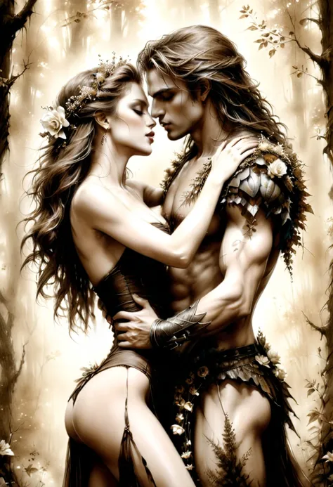 pencil drawing,sepia, a kissing couple,clothes made of flowers,dynamic pose,sharp focus,dusty background dark forest, dark magic atmosphere,award-winning, professional,art by luis royo, highly detailed,dynamic pose,pamflwr