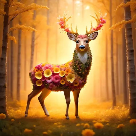 pamflwr, a deer made of flowers, standing in the forest, warm light, glowing particles, dust, romantic scene,realistic,highly detailed,lifelike,studio photo,highly detailed,masterpiece