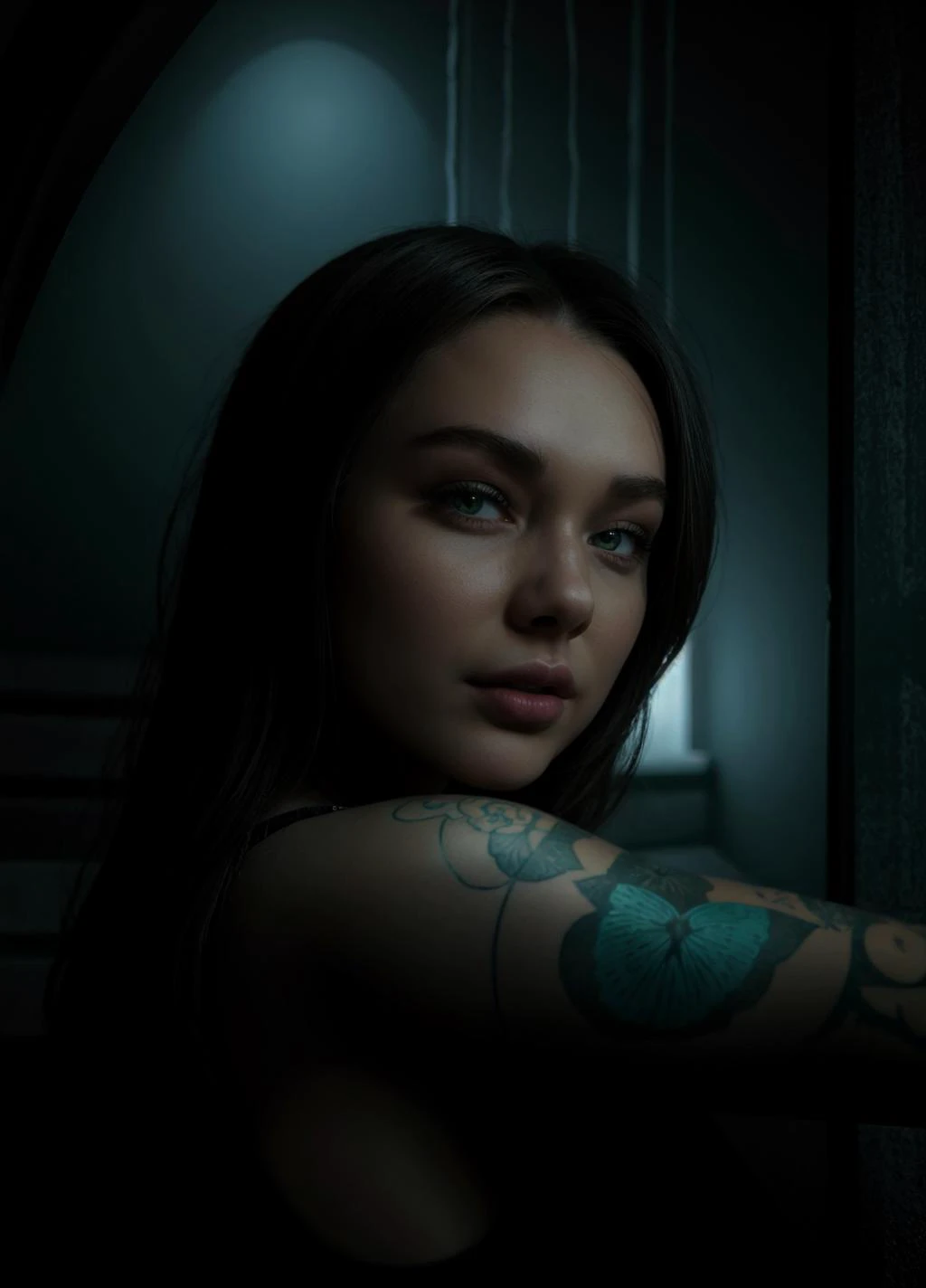 a woman with a tattoo on her arm in a dark room