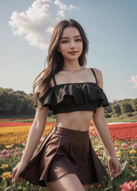 a woman in a black top and brown skirt standing in a field of flowers