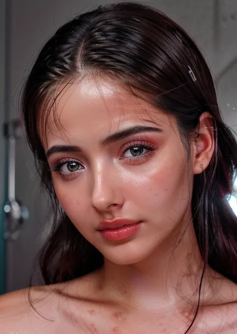 a close up of a woman with a wet face and a towel