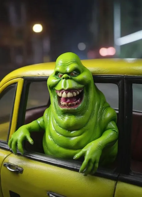 a close up of a toy car with a green creature in the window