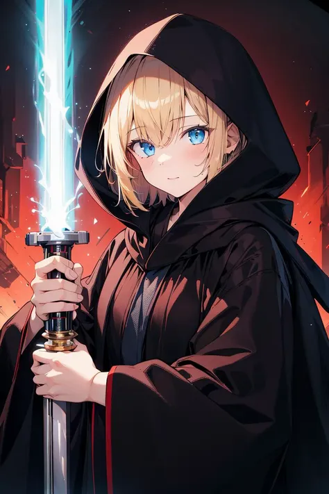 a woman in a hooded robe holding a sword in front of a city