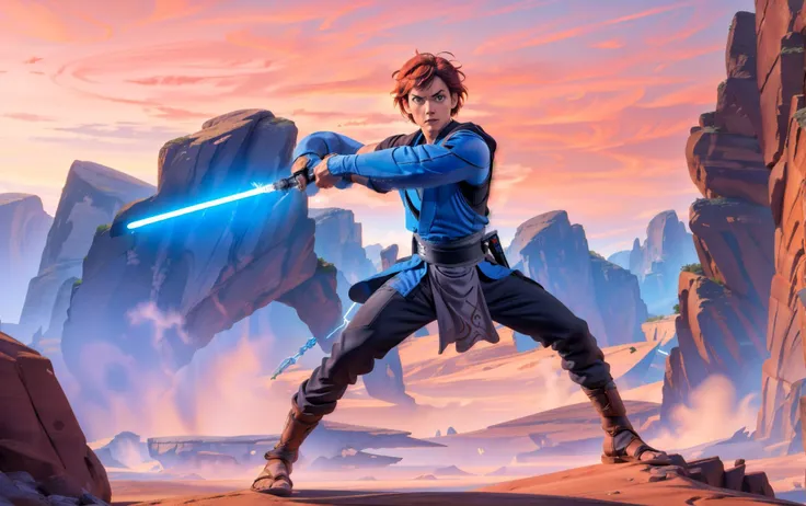 a man in a blue shirt holding a light saber in front of a rocky landscape