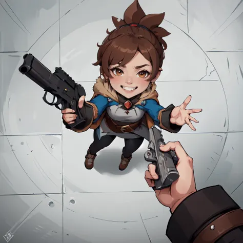 (masterpiece,best quality,absurdres),anzhcgodoacrime,from above, chibi, pov, holding gun,1girl,marci, ponytail,jacket, brooch, cape, vambraces, leggings, belt,grin,brown hair  <lora:dota2_marci:0.8> <lora:AnzhcGoDoACrime2_118390:1>