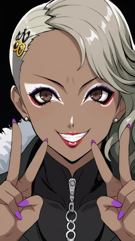 anime girl with blonde hair and purple nails making a peace sign