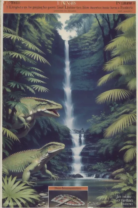 <lora:fighting_fantasy_gamebook:1>, cover_book, in jungle, a giant lizard on front, creek, waterfall in background, text, title,...