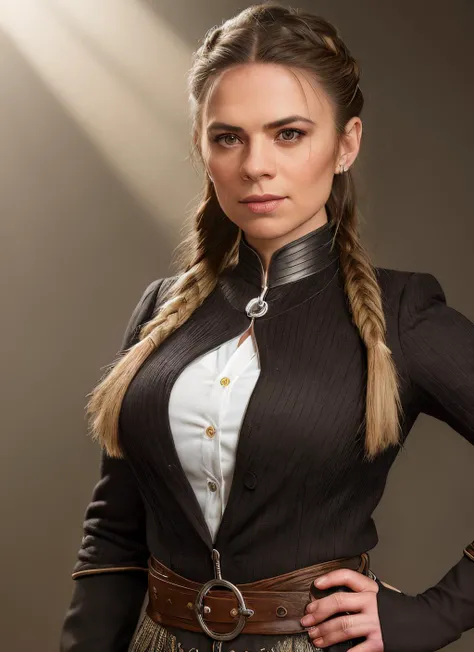 portrait of SKSWOMAN, neutral , wearing trousers , with silver Side braid , background dungeon epic (photo, studio lighting, hard light, sony a7, 50 mm, matte skin, pores, colors, hyperdetailed, hyperrealistic), <lyco:Hayley Atwell:1.1>