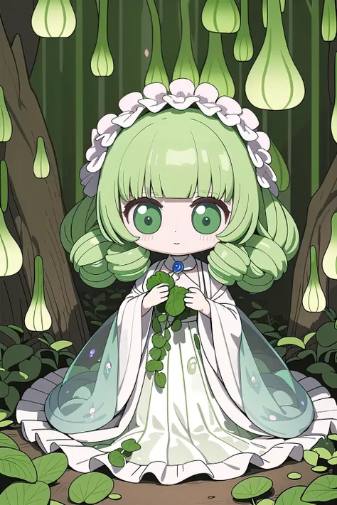 (masterpiece, best_quality, ultra-detailed, immaculate:1.3), epic, illustration, render, volumetric lighting, welcoming, forest green Violet lady, see-through gossamer, , in a classical mushroom forest, bombshell hair, iridescent platinum hair, Spiral Curl...