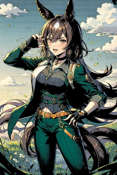 a woman in a green outfit standing in a field with a sword