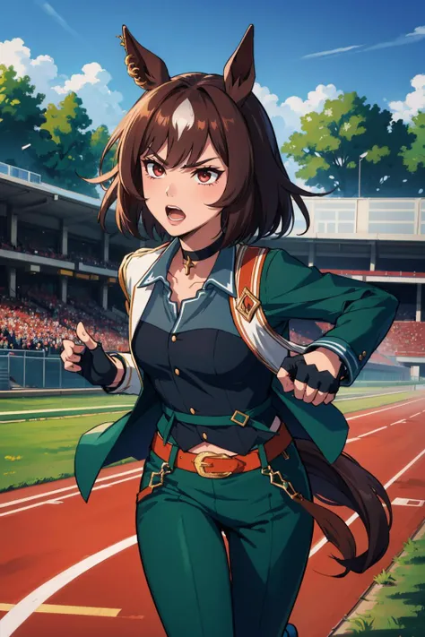 masterpiece, best quality  <lora:umamusume_siriussymboli-10:1> sirius symboli, horse ears, horse tail, green jacket, collared shirt, fingerless gloves, green pants, choker, belt, running, track and field, open mouth, furrowed brow