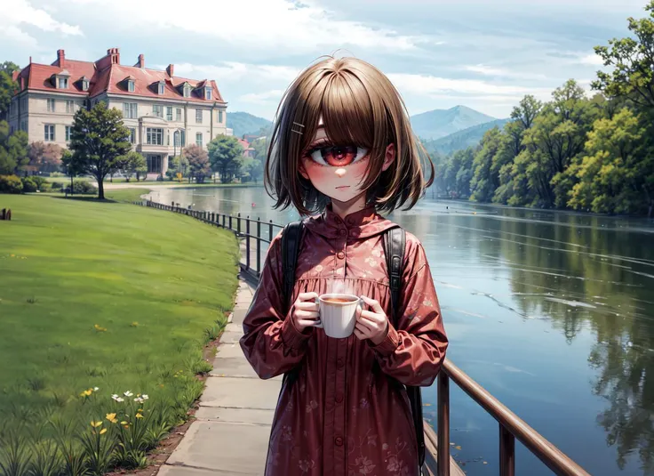 anime girl with glasses holding a cup of coffee by a river