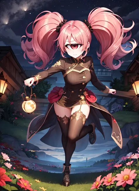 a woman in a black dress and pink hair holding a lantern