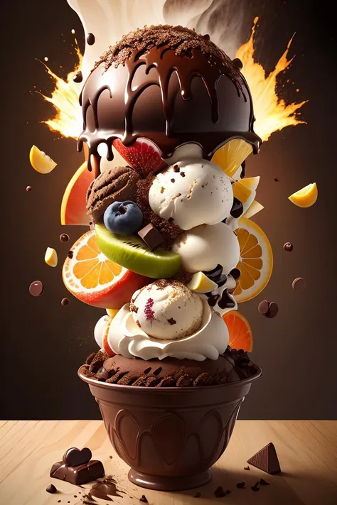 a close up of a chocolate sundae with fruit and chocolate sauce