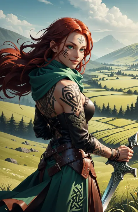 <lora:CelticTatWorld1.0:0.8> celtictatworld, 1girl, mature female, red hair, irish warrior, seductive smile, medieval, depth of field, outdoors, grimdark, dark fantasy, two-tone lighting, green fields of grass, hillside, rolling hiles, celtic knot, celtic ...