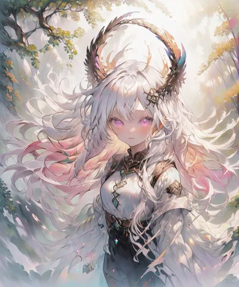 anime girl with horns and a white dress in the woods