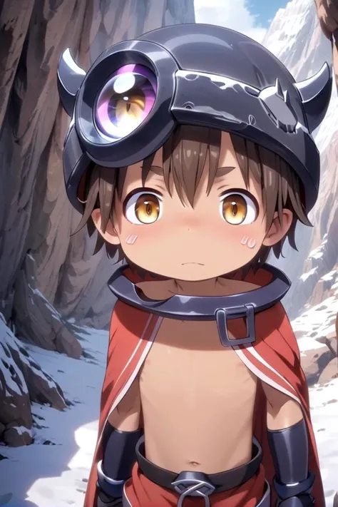 anime boy with a helmet and goggles standing in a snowy area