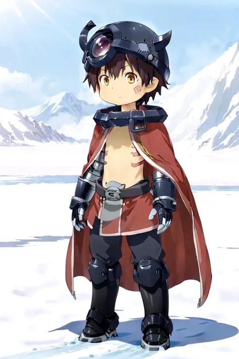 anime boy in a red cape and goggles standing in the snow