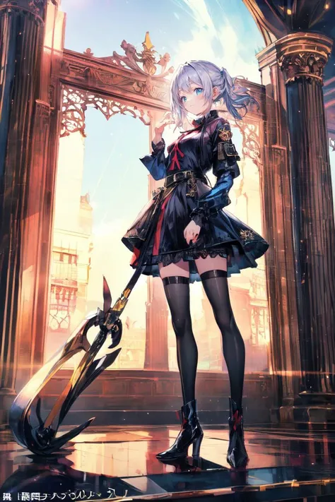 a woman in a black dress holding a sword in front of a building