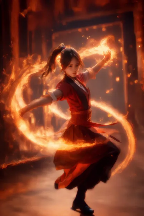 a woman in a red dress is dancing with fire in her hands