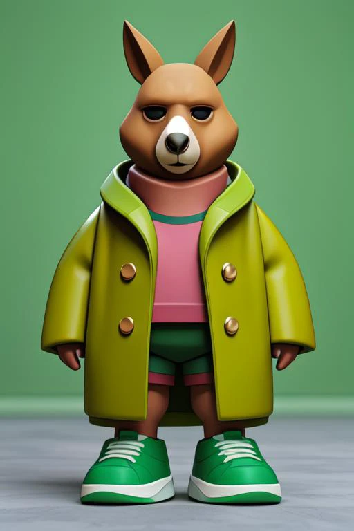 Masterpiece,top-notch quality,xiaokeai,chibi,hdri,Edge light, solo,shoes,Kangaroo, anthropomorphized,smile,standing,full body,shirt,green footwear,coat,sneakers,buttons,jacket,open clothes,oversized clothes,Green military coat,c4d,blender, 
<lora:3DcuteToy...