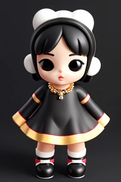 Masterpiece,top-notch quality,xiaokeai,chibi, solo,dress,blush,jewelry,boxing gloves,necklace,black hair,black dress,1girl,bow,full body,Head bow, hood, 
<lora:3DcuteToyBlindbox:0.6>